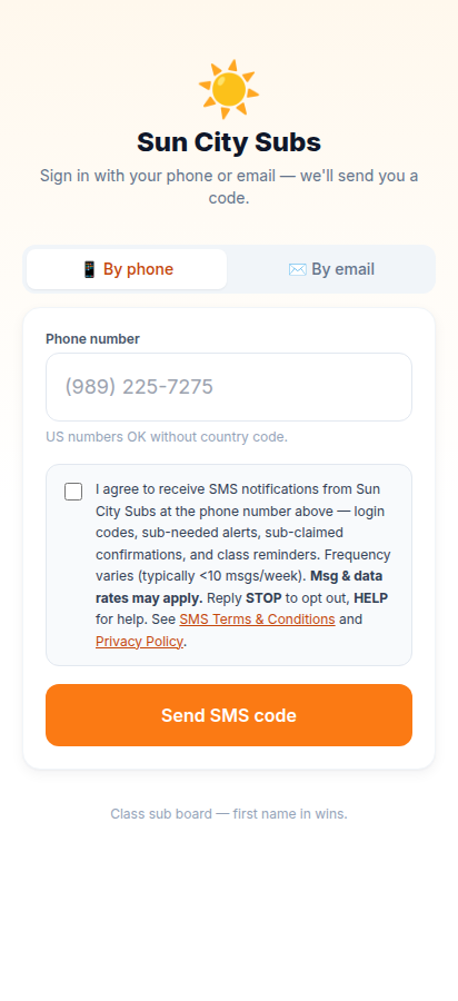 Sun City Subs sign-in screen